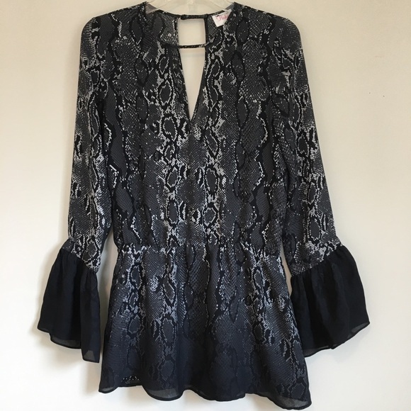 Parker Tops - PARKER 100% Silk Snake Print Long Bell Sleeve V-neck Peplum Hem Blouse